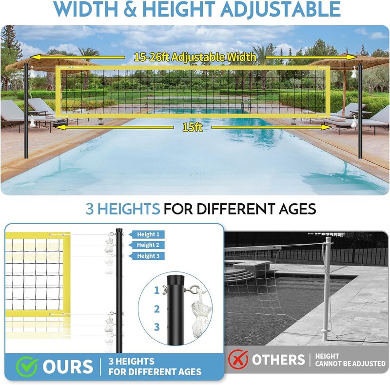 Olybeaka Base Free Swimming Pool Volleyball Net Set for Above Ground/Inground Pools with 3-Height Adjustable Aluminium Poles, Durable Anti-Sagging Net, 2 Water Volleyballs and Carry Bag - Image 4